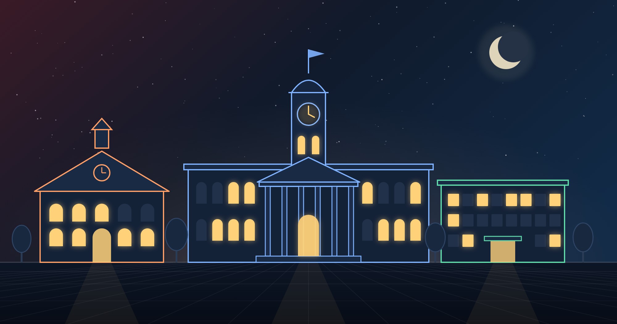 Night-time illustration of three schools side by side under a starry sky and a crescent moon: a gabled grammar school with a bell cupola in orange outline on the left, a large columned private school with a clock tower and flag in blue in the centre, and a modern flat-roofed comprehensive in green on the right, all with warmly lit windows.